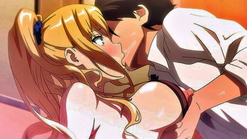 Blonde hentai girl with huge tits passionately kissing dark-haired guy as he gropes her bare breasts