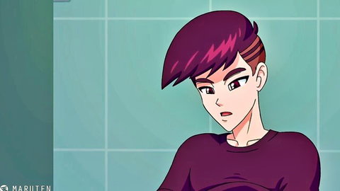 Anime gay twink with purple undercut hair stares in tiled restroom