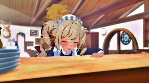 Young anime maid bent over kitchen table fucked doggy style by blonde guy