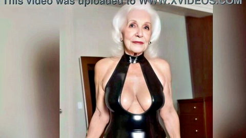Elderly white-haired granny in shiny black latex halter dress with deep cleavage