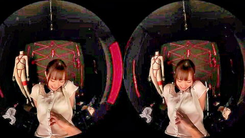 POV hand unbuttoning sexy Japanese babe's white blouse in VR shibari room