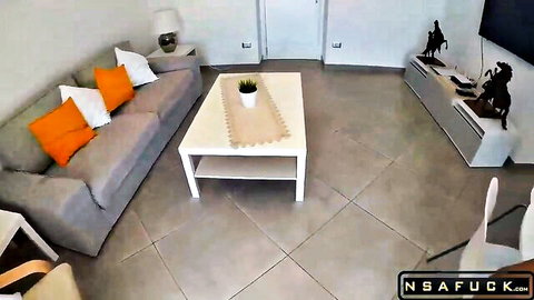 Modern empty living room with gray sofa orange pillows ready for hardcore NSAFUCK sex