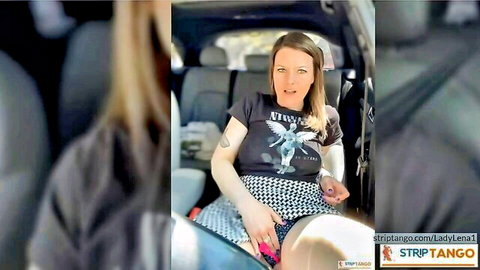 LadyLena1 masturbates in car with pink vibrator, upskirt solo play