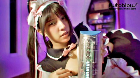 Sexy maid cosplayer in black dress holds Autoblow masturbator sleeve teasing POV cock stroke
