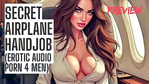 Sultry brunette in blouse gives secret airplane handjob in erotic audio porn