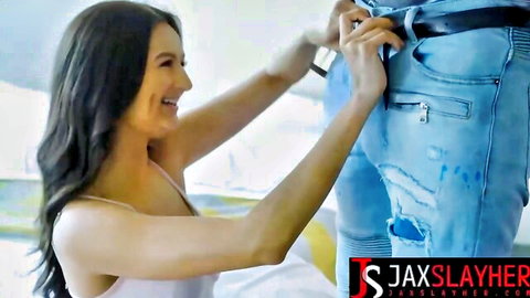 Eliza Ibarra smiling while unbuckling Jax Slayher's jeans in teasing scene