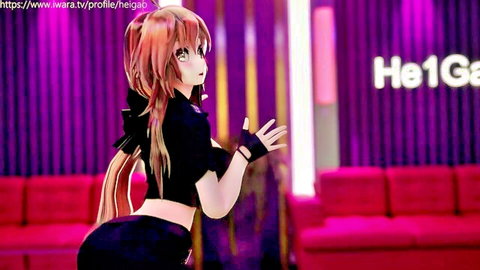Redhead anime girl teases with huge underboob tits and fat ass in tight black shorts