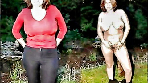 Busty naked brunette spreads legs covering hairy pussy with hands flashing huge tits outdoors next to clothed friend