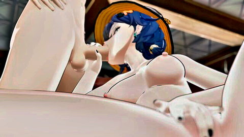 3D anime blue-haired girl in hat nude, sucking cock while legs spread for play