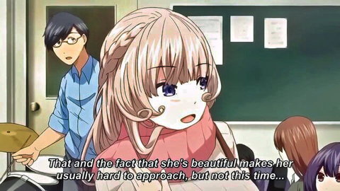Blonde hentai schoolgirl with massive tits blushes surprised as guy sneaks up in classroom