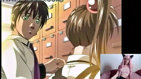 Anime schoolboy grabs ponytail girl's uniform in locker room while pink-haired catgirl cosplayer reacts on webcam