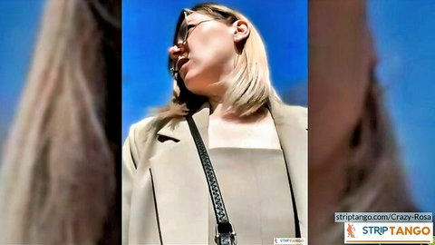 Crazy-Rosa blonde model in intimate outdoor exhibition, wearing blazer and glasses
