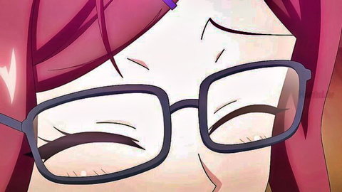 Cute pink-haired anime girl with glasses smiling teasingly in Shachiku Cinderella