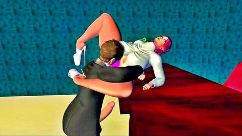 Pink-haired woman in white blouse and heels bent over desk, penetrated by suited man