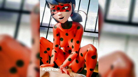 Seductive Ladybug cosplay in tight red suit, legs spread teasing fan