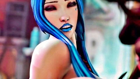 Seductive blue-haired Asian siren in 3D animated bar scene, partial nudity
