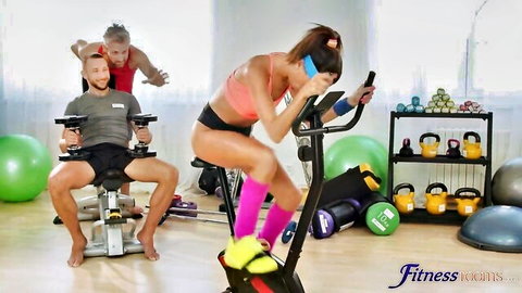 Megan Lopez sweaty gym workout with two fit men in Fitness Rooms