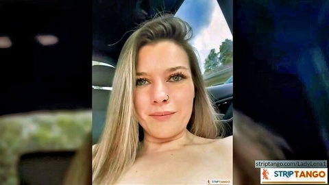 LadyLena1 topless blonde cam girl in car selfie on StripTango
