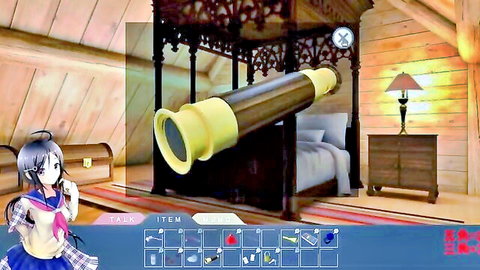 Anime schoolgirl with blue hair in sailor uniform peering through telescope, post-sex escape theme