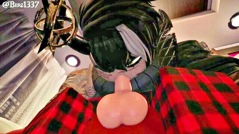 POV closeup of green-haired cosplay woman with erect penis near mouth