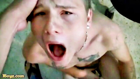 Young man with teary eyes and open mouth in intense first-time anal ecstasy