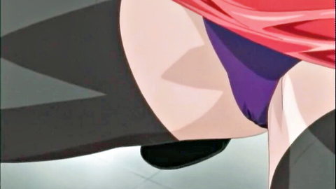 Hentai anime slut in black stockings with purple thong aside exposing shaved pussy impaled on thick black dildo