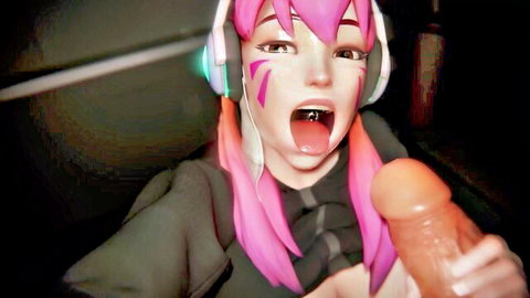 Pink-haired anime girl with headphones holds orange dildo to her wide-open mouth and tongue out