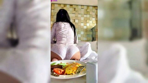 Mia Khalifa in white lingerie from behind during breakfast livestream