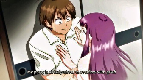 Purple-haired hentai girl in intimate emotional moment with boyfriend, Joshi Luck Ep.2