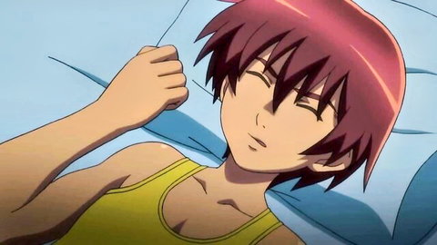 Anime redhead girl lounging sleepily in bed with yellow tank top