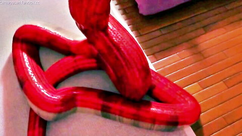 Intertwined red ridged dildos coiled on wooden floor near purple couch