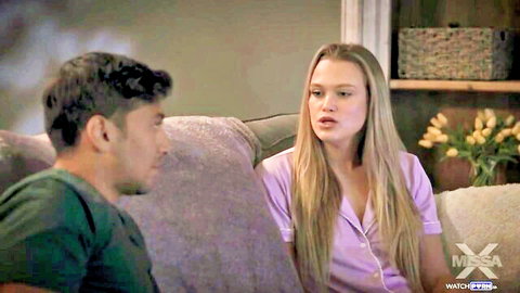 Blonde Chloe Rose in purple pajamas on couch with man - MissaX