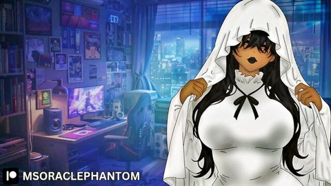 Busty anime ghost girl in white hooded dress teasing with deep cleavage