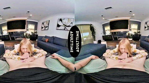 Petite blonde teen with small tits sucks hard cock on couch in steamy VR blowjob scene
