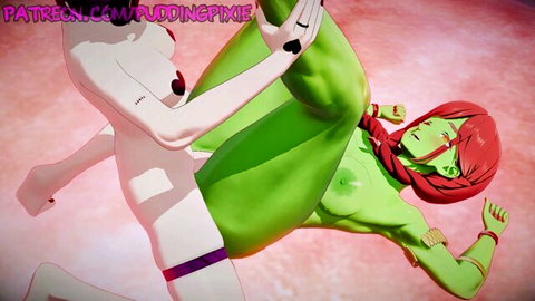 Nude white-skinned girl with small tits holds up green alien babe's leg in lesbian 3D tribbing pose