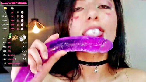 Hollyxxx_ Asian camgirl sucking purple dildo with fake cum on lips