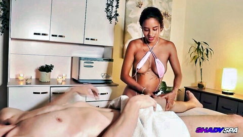 Isabella gives calming blowjob massage in skimpy lingerie at Shady Spa