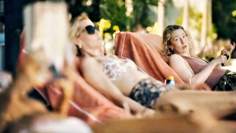 Charlotte Le Bon in sexy bikini lounging with friend, hot celeb scene