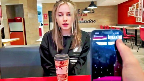 Blonde model Devdaria in casual hoodie at fast food spot, POV tease