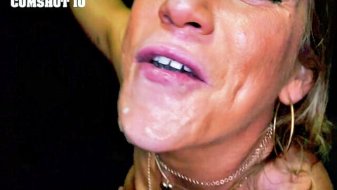 Aderes cum queen facial cumshot closeup, semen dripping on blonde's lips