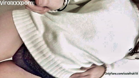 Cutefruit18 teases in cozy white sweater with purple panties visible