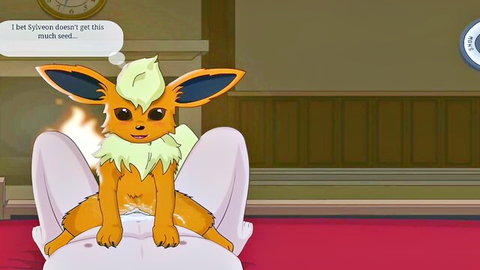 Anthropomorphic Jolteon furry spreads legs showing dripping wet pussy on woman's white thighs in hentai