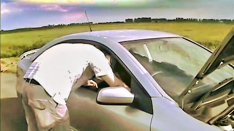 CurvyClaire 32HH housewife bent over car bonnet in outdoor amateur scene