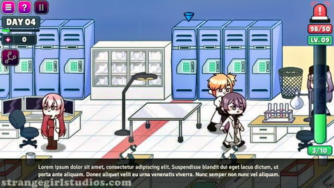 Anime hentai girls in lab outfits teasing around desks in erotic classroom scene
