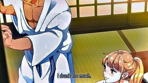 Drunk blonde hentai girl on tatami floor looks up at muscular man in open white robe
