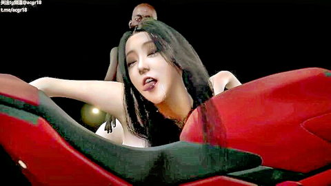 3D animated Asian hottie with long black hair in steamy topless pose