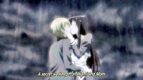 Aki Sora anime: Blond boy passionately kisses black-haired sister in secret embrace