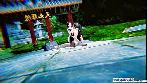 Two busty Asian hentai babes in sheer black lingerie embrace intimately with legs spread in temple garden