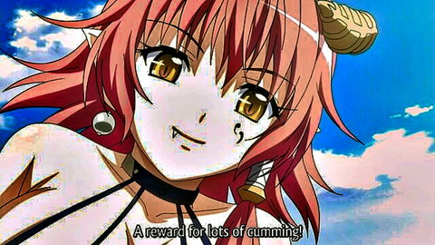 Busty red-haired elf with horns smiling seductively in Kyonyuu Fantasy hentai