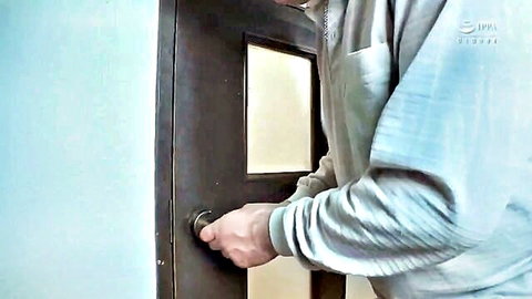 Japanese stepdad hand on door teasing entry to stepdaughter JAV scene